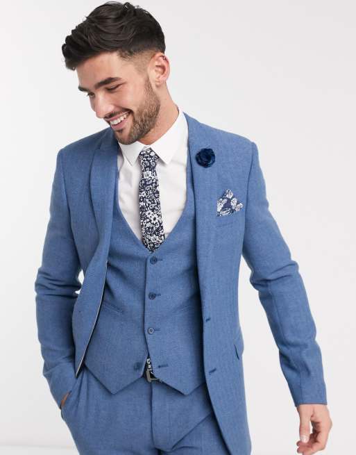 ASOS DESIGN – Marynarka garniturowa z kolekcji ślubnej o bardzo obcisłym kroju z domieszką wełny w kolorze chabrowym ze wzorem w jodełkę