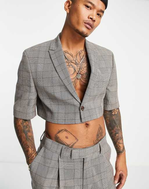 ASOS DESIGN – Marynarka garniturowa z krótkimi rękawami o bardzo krótkim fasonie w brązową kratkę