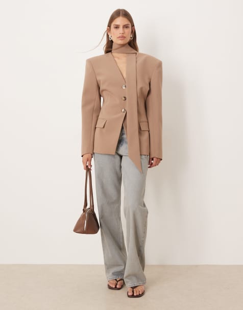 ASOS DESIGN cinch shoulder pad blazer with scarf co ord in mocha
