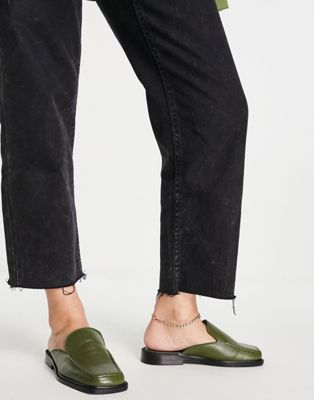 ASOS DESIGN Mascot leather loafer flat mules in olive green