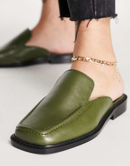 ASOS DESIGN Mascot leather loafer flat mules in olive green ASOS
