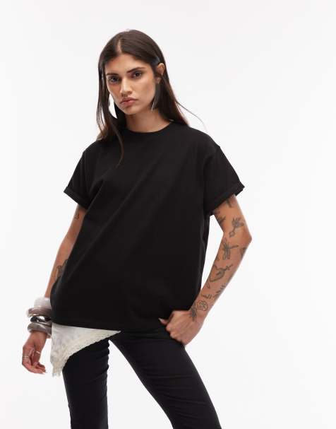 ASOS DESIGN – Maskulines T-Shirt im 80er-Stil aus schwerer Baumwolle in Schwarz mit umgeschlagenen Ärmelbündchen - view 1