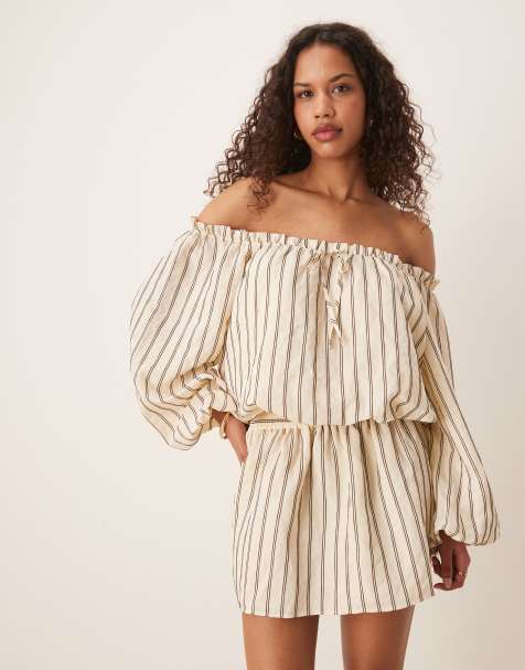 ASOS DESIGN cotton boho bardot mini dress in buttermilk stripe