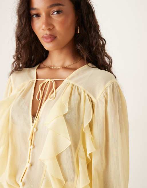 ASOS DESIGN – Maślana długa bluzka szyfonowa z falbanką, 4 z 4