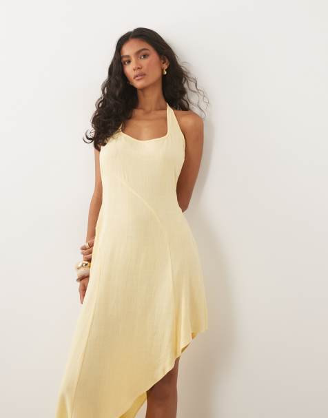 ASOS DESIGN – Maślana sukienka midi z dekoltem halter i ozdobnymi szwami z domieszką lnu - view 1