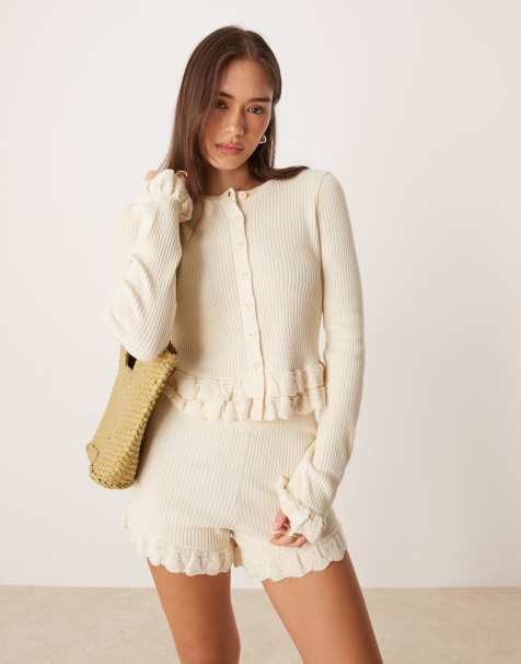 ASOS DESIGN knitted crew neck cardigan with frill detail co-ord in buttermilk