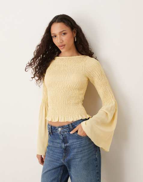 ASOS DESIGN shirred top with angel sleeves in buttermilk