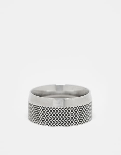 ASOS DESIGN waterproof stainless steel chunky band ring with criss-cross detail in silver tone