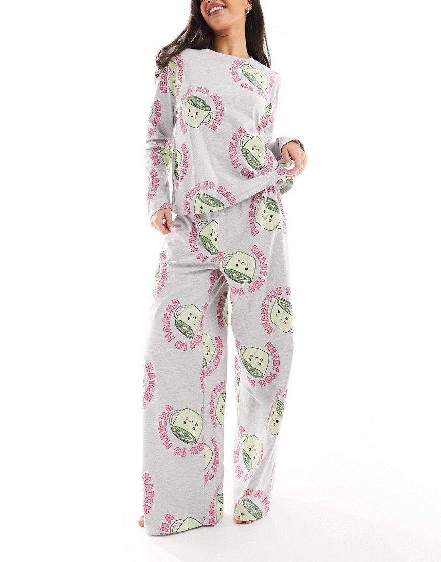 Asos Design Matcha Long Sleeve Top & Pants Pajama Set In Gray Heather