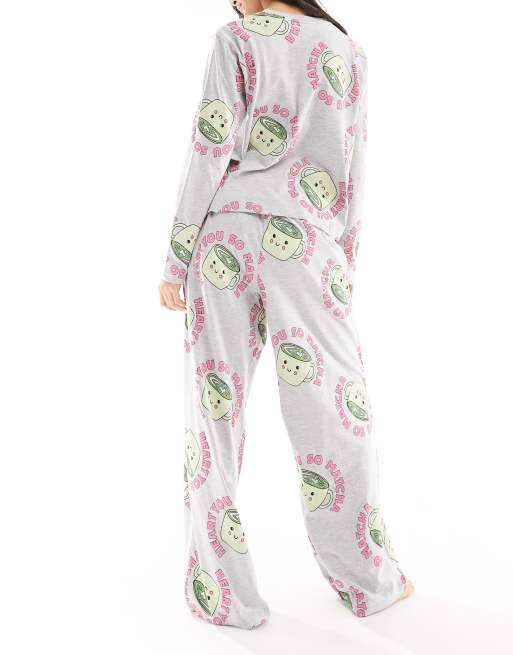 ASOS DESIGN - Matcha - Pyjama met top en broek met lange mouwen in gemêleerd grijs, 2 van 4