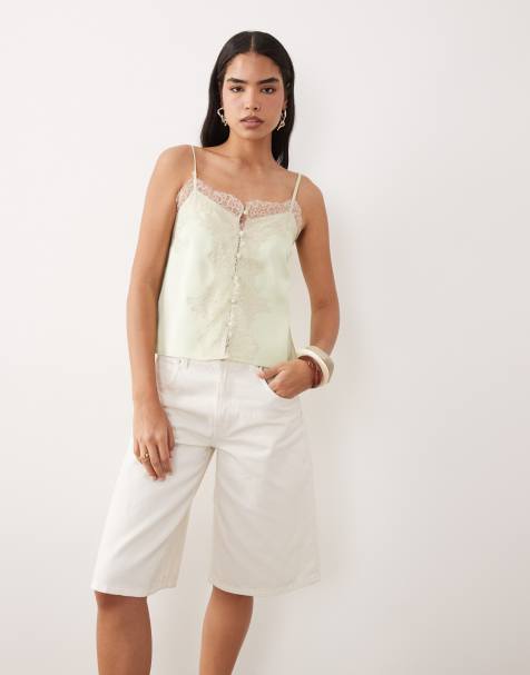 ASOS DESIGN - Matchagrøn cami-top med blondekant og bindebånd i satin - view 1