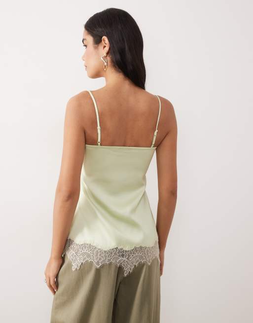 ASOS DESIGN - Matchagrøn longline-top i satin med camistropper og blondekant, 4 af 4
