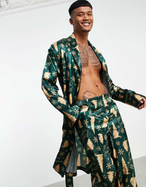 ASOS DESIGN Christmas satin robe pants set in tree print ASOS