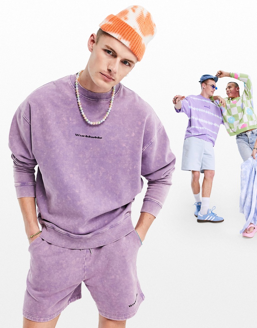 Asos Design Matching Oversized Sweatshirt In Purple Acid Wash With Logo Print