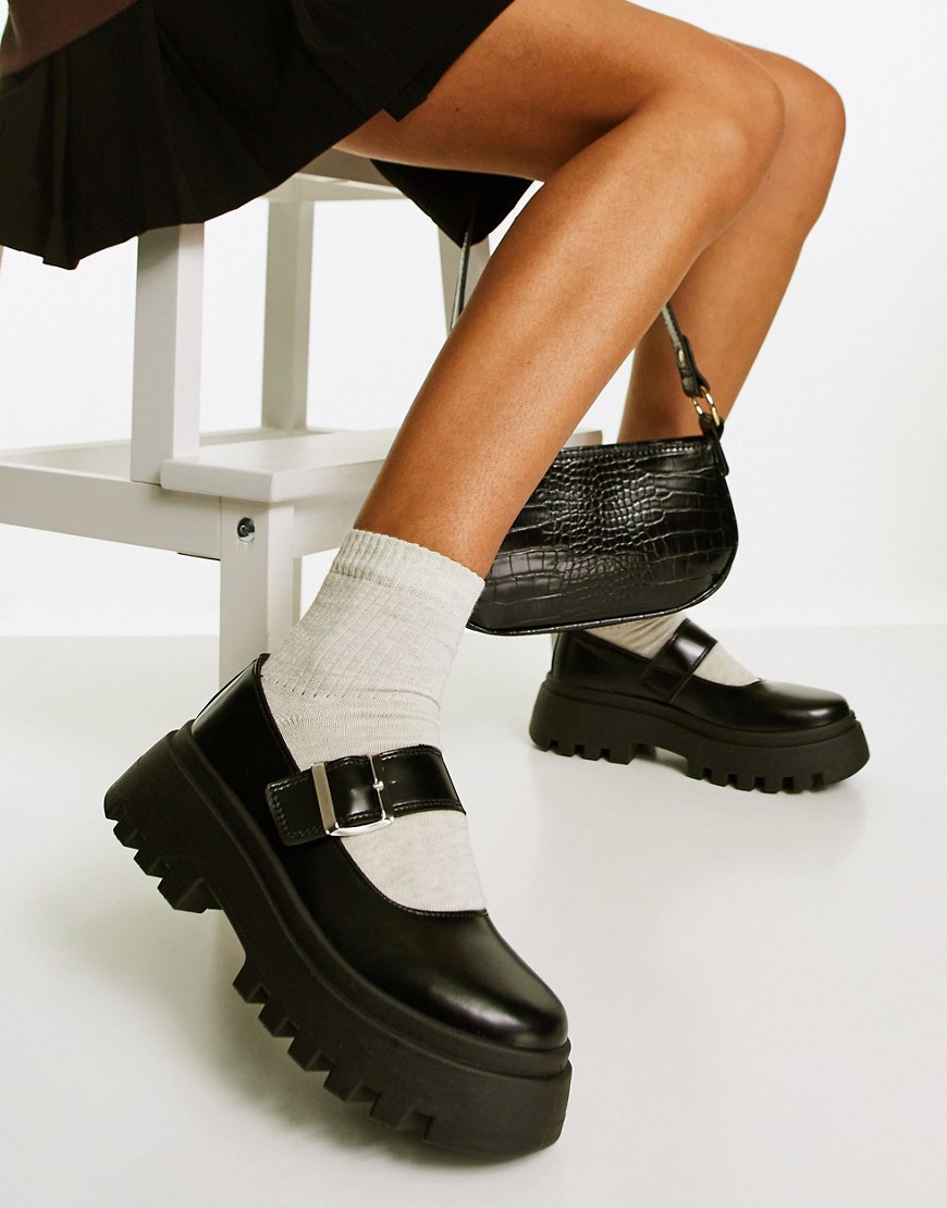 ASOS DESIGN - Matchstick - Platte Mary-Jane schoenen met dikke zool in zwart