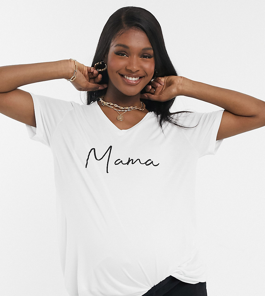 ASOS DESIGN - Materinity - Borstvoedings T-shirt met V-hals, lange mouwen en mama-motief-Wit