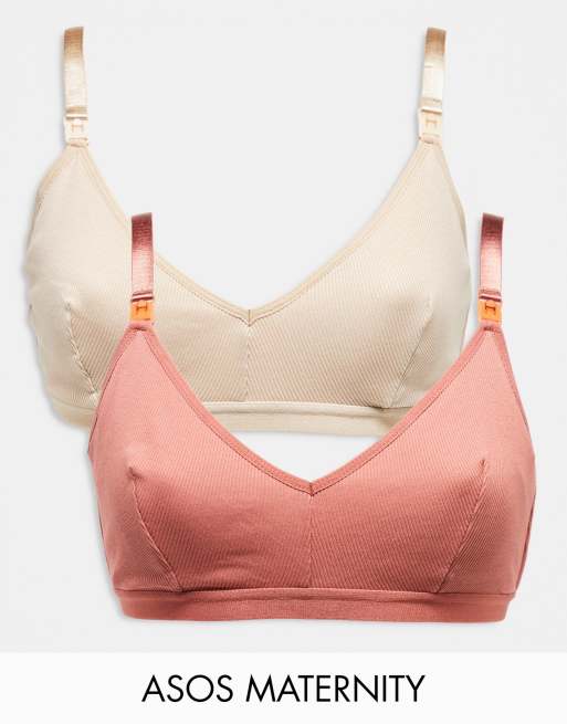 ASOS DESIGN Maternity 2 pack cotton ribbed bra in beige & rust-Multi