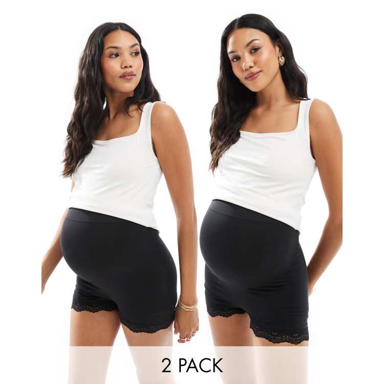 ASOS DESIGN Maternity 2 pack over the bump shorts with lace trim in black ASOS