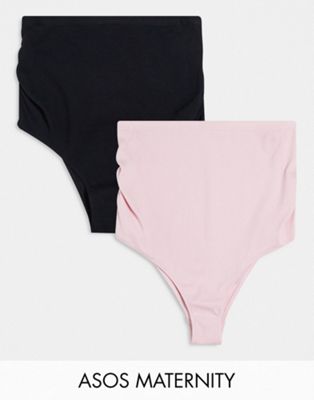 ASOS DESIGN Maternity 2 pack ribbed cotton over the bump knickers in black & baby pink