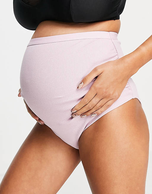 ASOS DESIGN Maternity 2 pack ribbed cotton over the bump knickers in lilac  & black