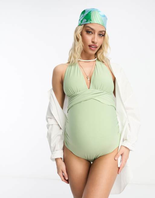 ASOS DESIGN Maternity - Aangerimpeld badpak met halternek en overslag in saliegroen , 3 van 4