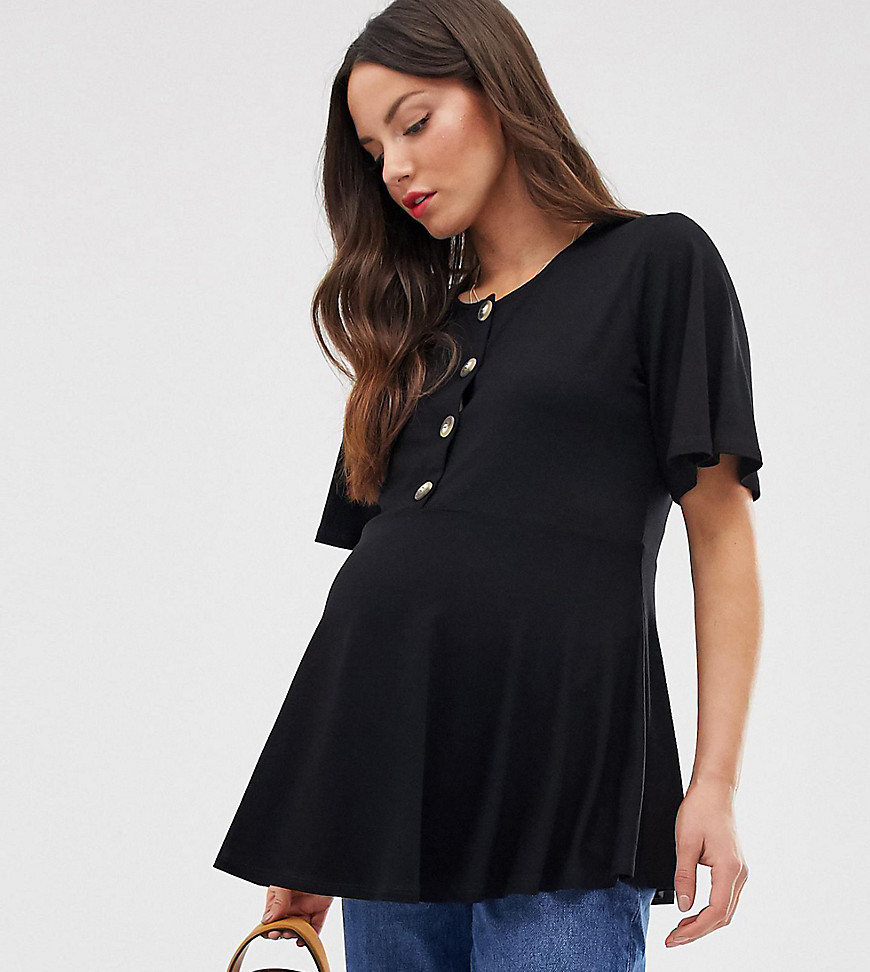 ASOS DESIGN Maternity - Aangerimpelde borstvoedingstop met knopen voor en fladdermouwen in zwart