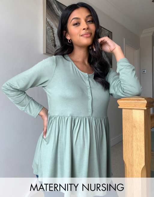ASOS DESIGN Maternity - Aangerimpelde borstvoedingstop met lange mouwen en knopen aan de voorkant