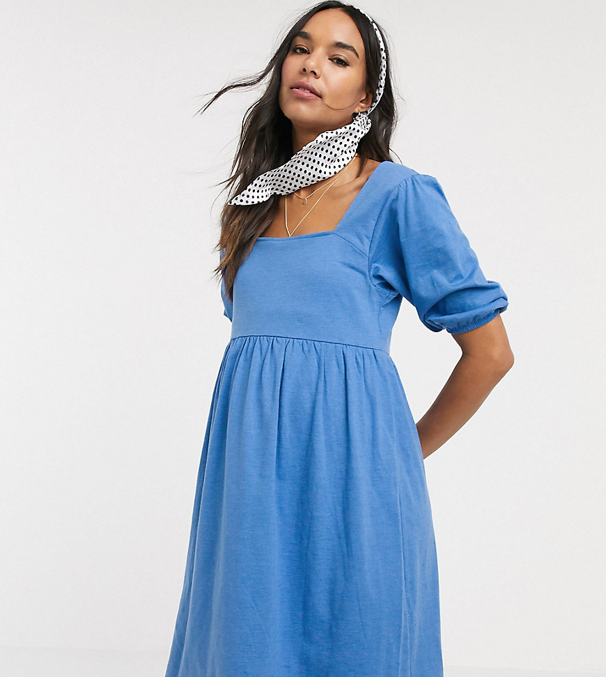ASOS DESIGN Maternity - Aangerimpelde jurk met vierkante halslijn en pofmouwen in blauw