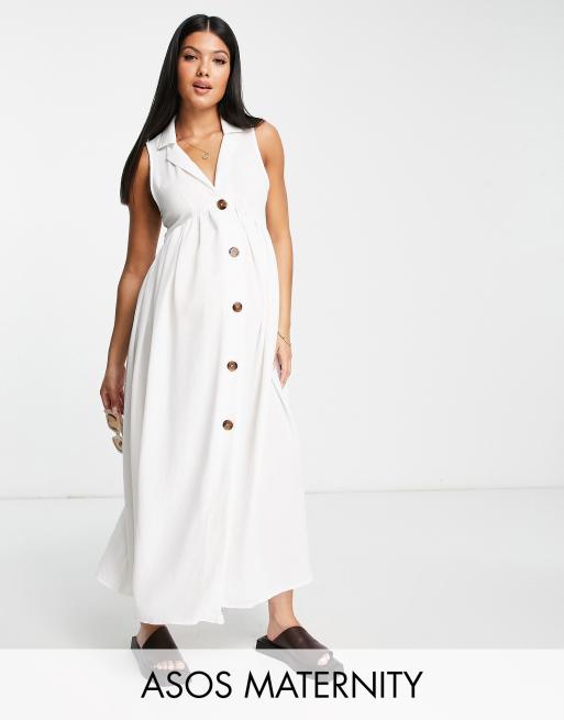 ASOS DESIGN Maternity - Aangerimpelde midi jurk met kraagje en knopen in wit