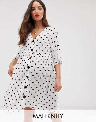 ASOS DESIGN Maternity - Aangerimpelde mini-jurk met knoopsluiting, V-hals en print in zwart/wit-Multi