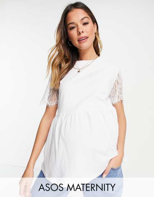 ASOS DESIGN Maternity - Aangerimpelde top met kanten mouwen in wit