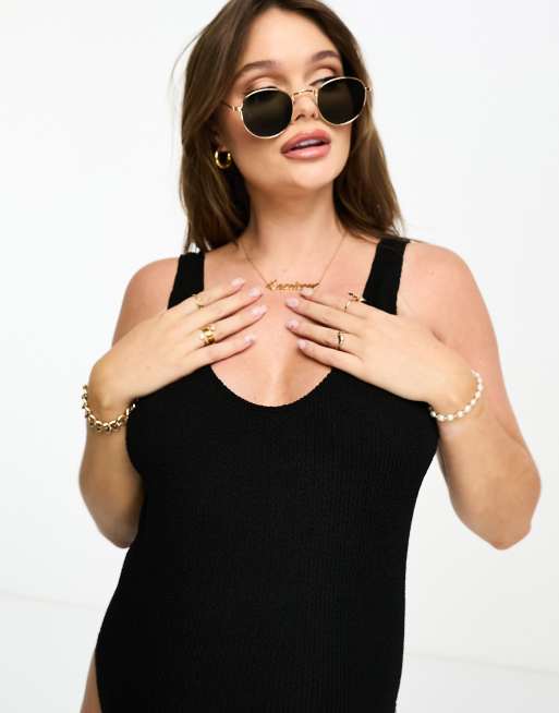 ASOS DESIGN Maternity – Amy – Svart, krinklad baddräkt med djup halsringning, 2 av 4