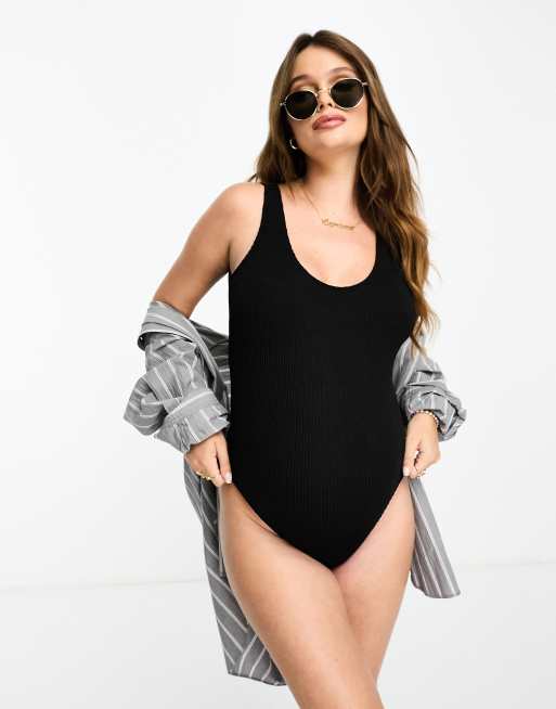 ASOS DESIGN Maternity – Amy – Svart, krinklad baddräkt med djup halsringning, 4 av 4