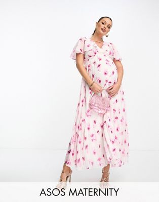 ASOS DESIGN Maternity angel cape sleeve pleated hem midi dress in floral print-Multi