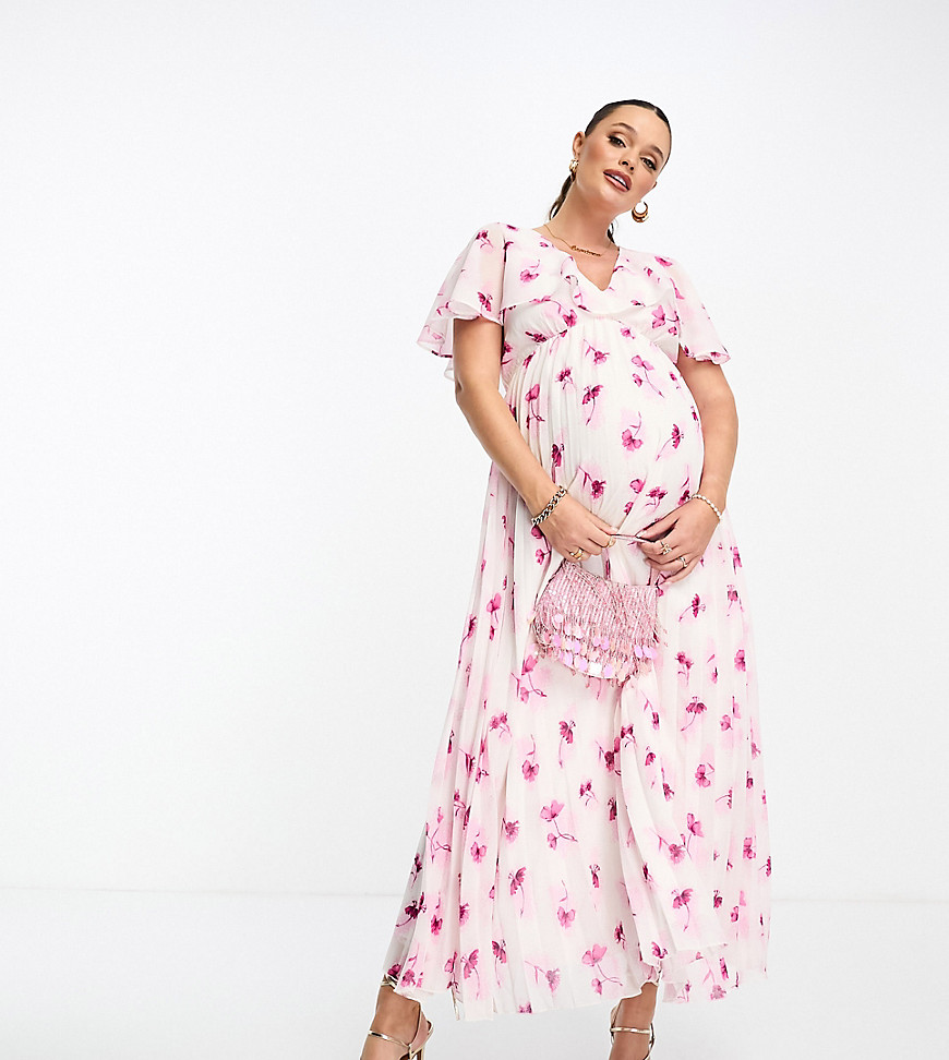 Asos Maternity Asos Design Maternity Angel Cape Sleeve Pleated Hem Midi Dress In Floral Print-multi