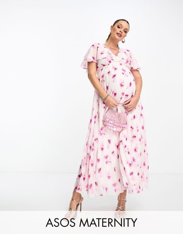 ASOS DESIGN Maternity angel cape sleeve pleated hem midi dress in floral print