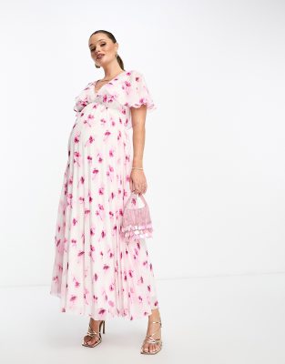 ASOS DESIGN Maternity angel cape sleeve pleated hem midi dress in