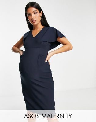 ASOS DESIGN Maternity wrap midi dress in high shine Navy satin