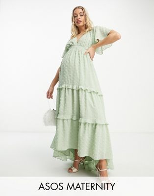 ASOS DESIGN Maternity angel sleeve plunge dobby tiered maxi dress with cut out and rouleux detail in sage