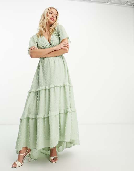 ASOS DESIGN Maternity angel sleeve plunge dobby tiered maxi dress with cut  out and rouleux detail in sage