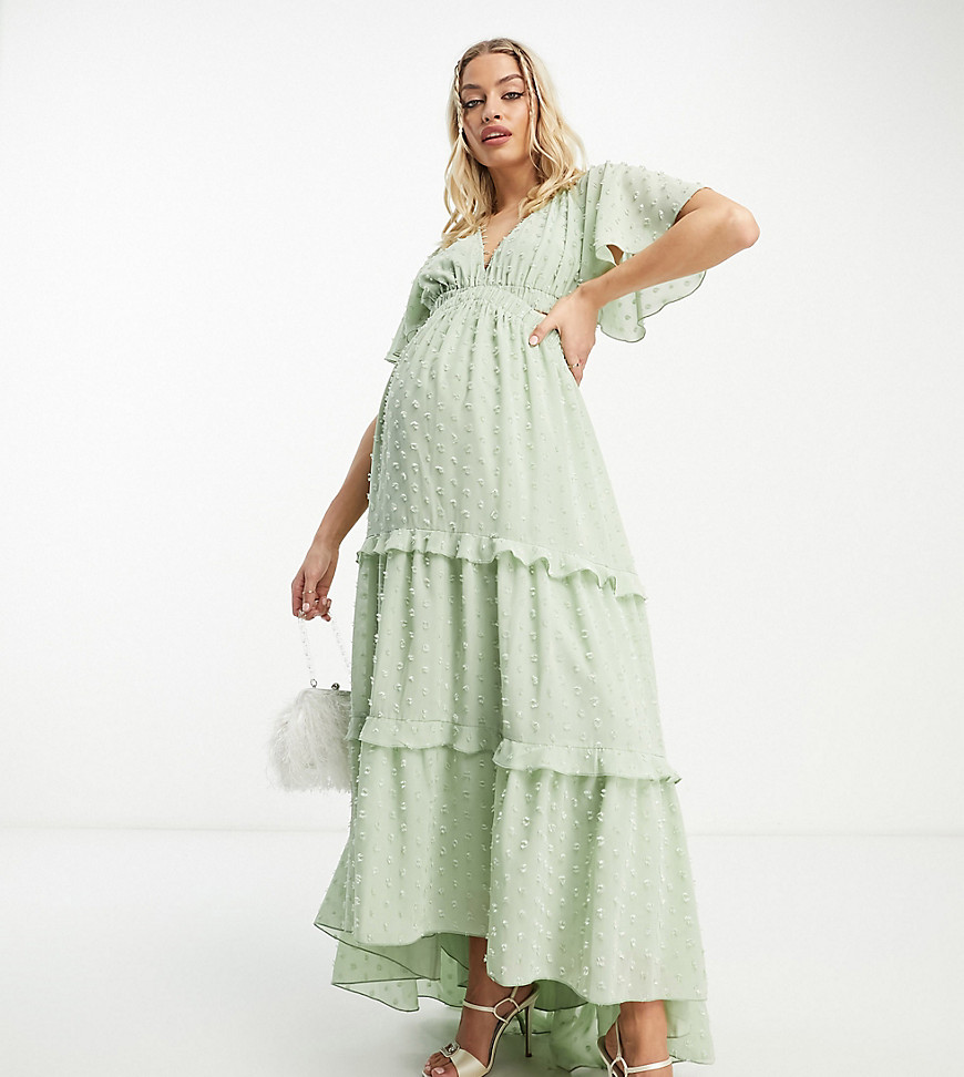 Asos Maternity Asos Design Maternity Angel Sleeve Plunge Textured Tiered Maxi Dress With Cut Out And Rouleux Detail In Green