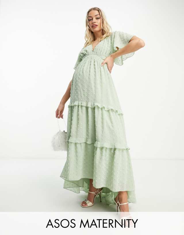 ASOS DESIGN Maternity angel sleeve plunge textured tiered maxi dress with cut out and rouleux detail in sage