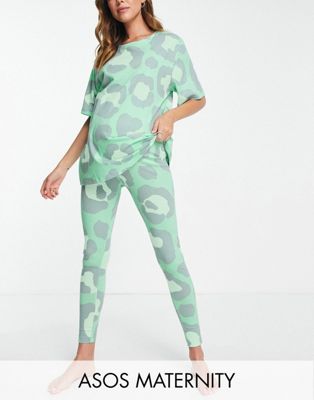 ASOS DESIGN Maternity animal oversized tee & legging pyjama set in green