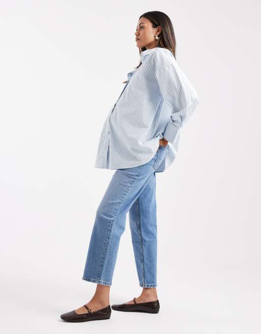 ASOS DESIGN Maternity ankle grazer comfort stretch straight leg jeans in mid blue , 2 of 5
