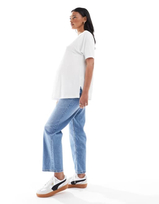 ASOS DESIGN Maternity crop comfort stretch straight leg jeans in mid blue