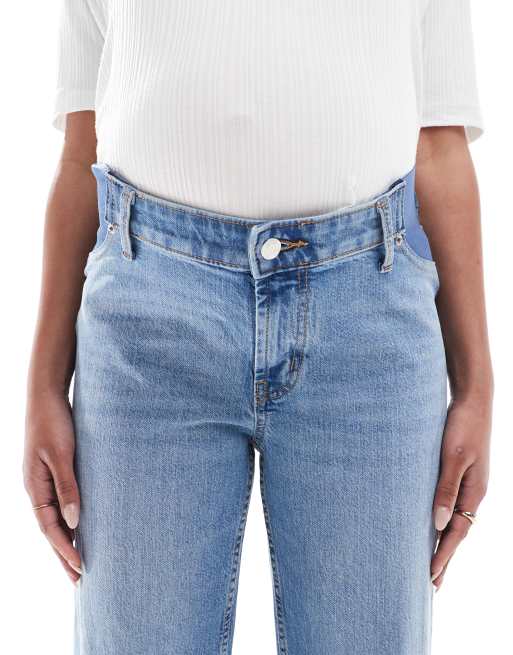 ASOS DESIGN Maternity crop comfort stretch straight leg jeans in mid blue