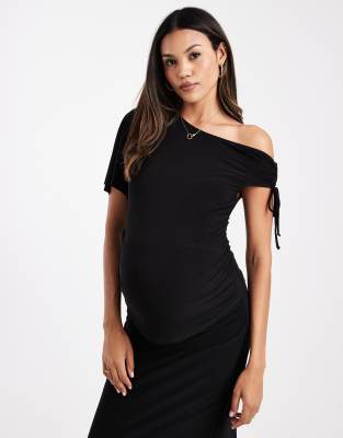 Asos Maternity Asos Design Maternity Asymmetric Shoulder Ruched Slinky Top In Black