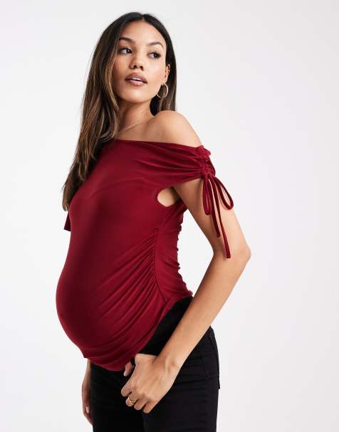 ASOS DESIGN Maternity asymmetric shoulder ruched slinky top in burgundy - view 1
