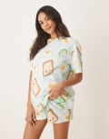 [ASOS Maternity] ASOS DESIGN Maternity avocado egg on toast oversized tee and shorts pyjama set in green-Multi S MULTI