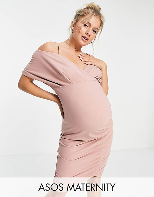 Dresses Maternity baby shower cold shoulder ruched midi dress in pink 